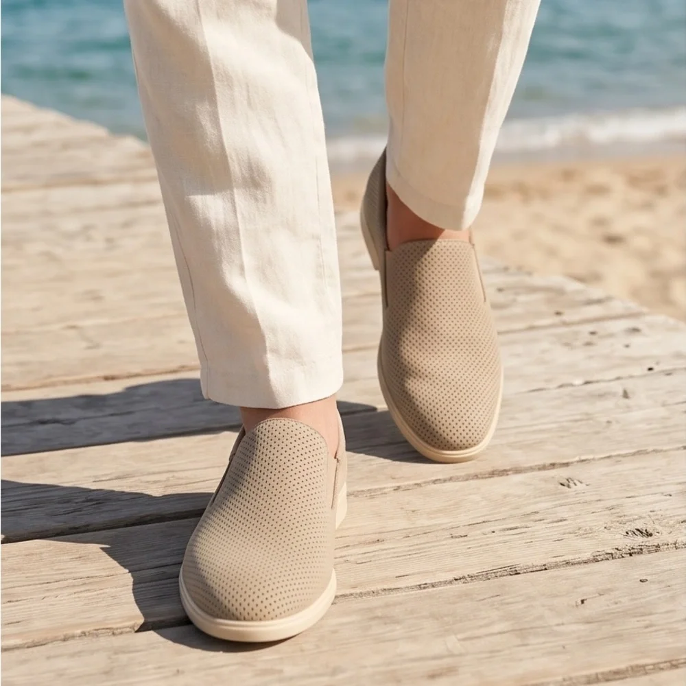 Alberto Ciccioli Men's Slip-On Perforated Comfort Beige Suede Loafers - Taupe